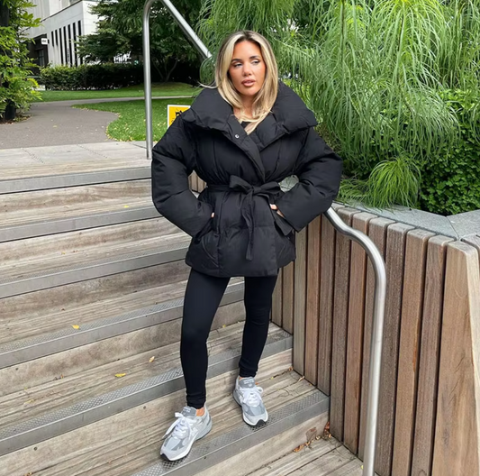 Thick Padded Parka Jacket - Tie Waist Coat with Collar