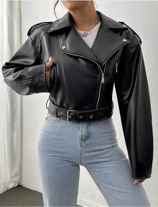 Cropped Faux PU Leather Biker Jacket