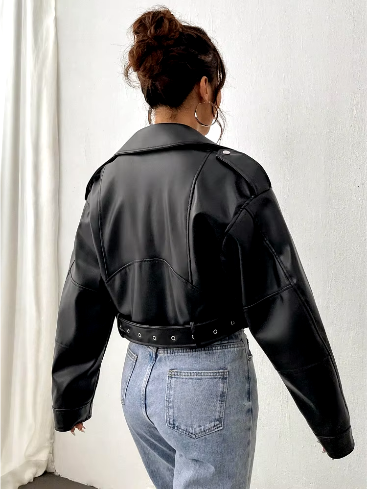 Cropped Faux PU Leather Biker Jacket