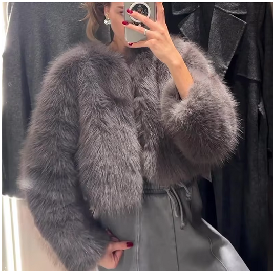 Grey O-Neck Fluffy Faux Fur Coat