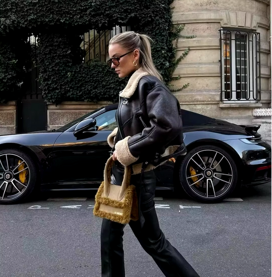 2024 Faux Lamb Leather Fur Jacket – Short Biker with Belt