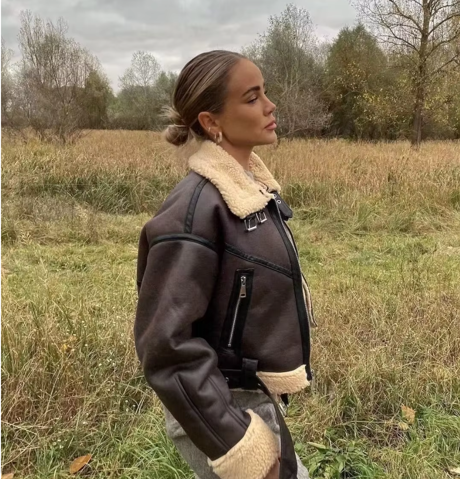 2024 Faux Lamb Leather Fur Jacket – Short Biker with Belt