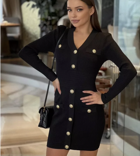 Knit Bandage Bodycon Black Mini Dress With Gold Buttons