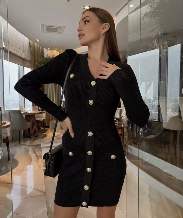 Bandage Bodycon Black Mini Dress With Gold Buttons talia Couture Bandage Bodycon Black Mini Dress With Gold Buttons talia Couture