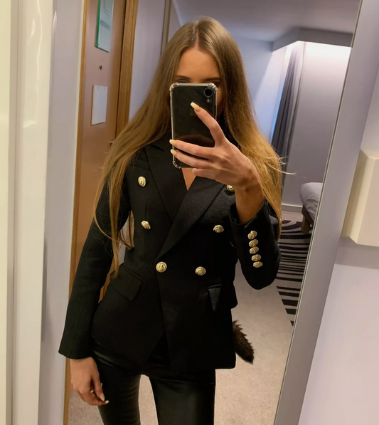 Textured Black Double Breasted Blazer With Gold Buttons - Slim Fit Jacket