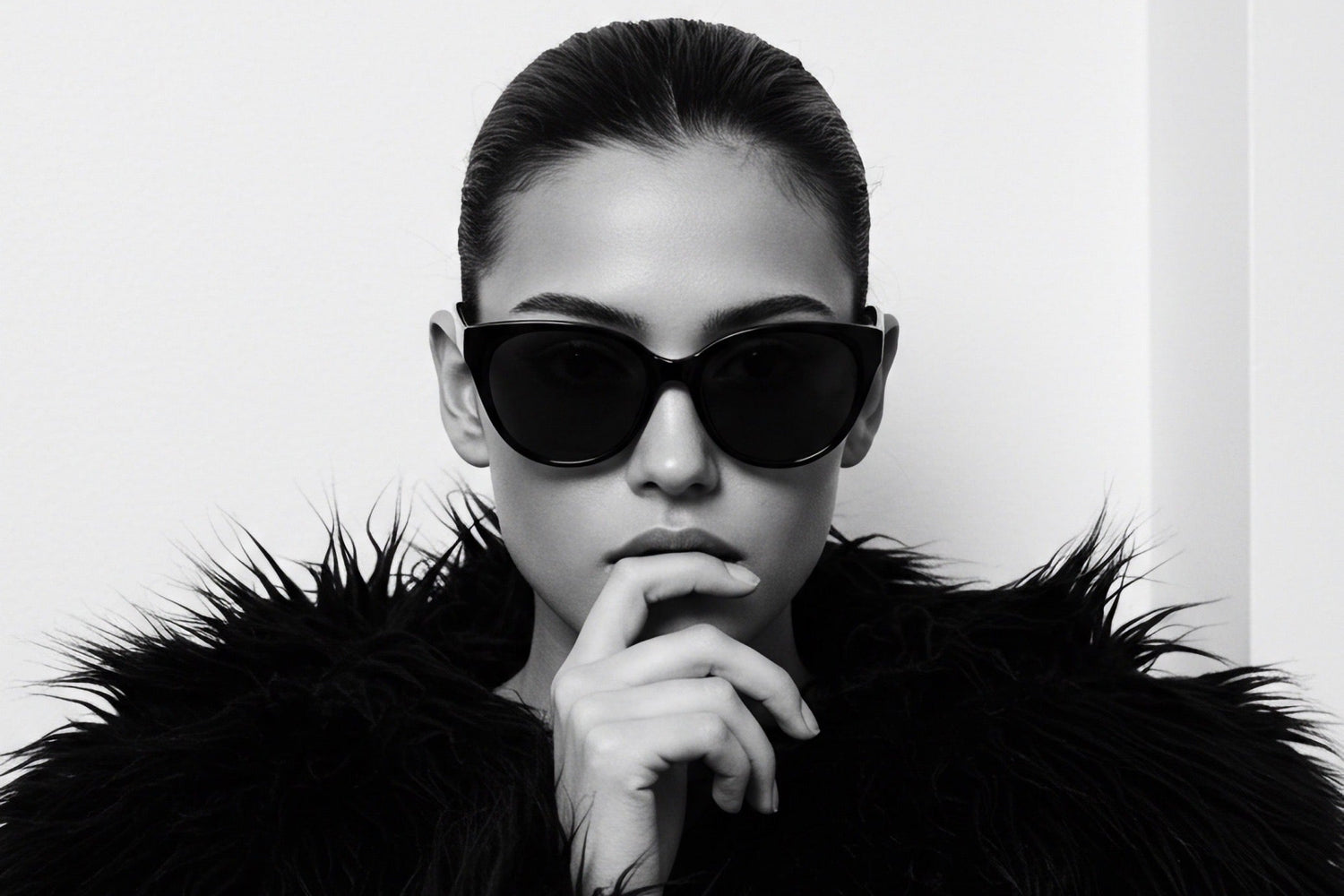 Person wearing sunglasses and a black fur coat against a white background