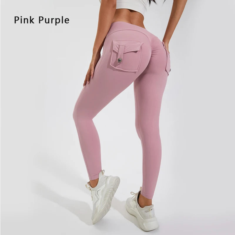 Back of Pink/Purple High-Waisted Nylon Yoga Pants with Butt-Lifting Design