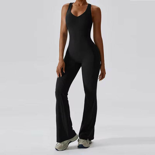 Front of BlackV-Back Women’s Gym Athleisure Jumpsuit
