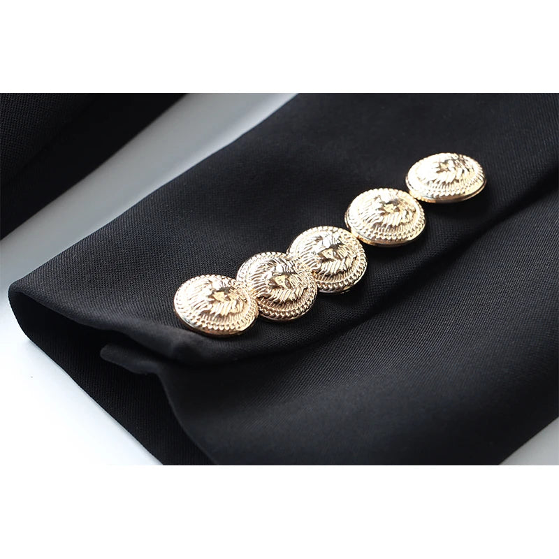 Textured Black Double Breasted Blazer With Gold Buttons - Slim Fit Jacket