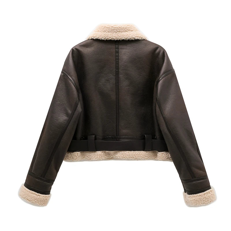 2024 Faux Lamb Leather Fur Jacket – Short Biker with Belt