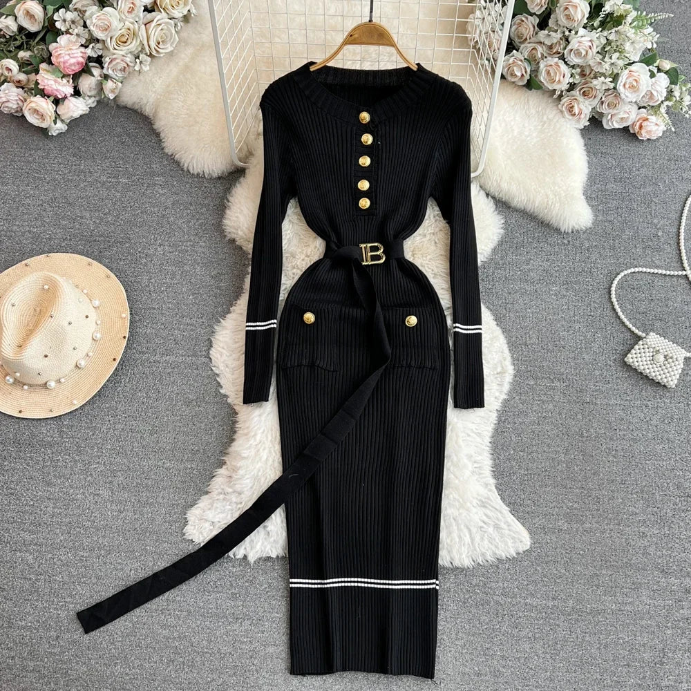 Bodycon Knit Stretch Long Pencil Dress - One Size