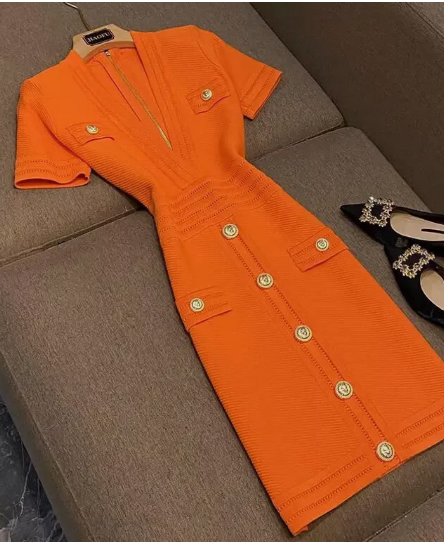 Italia Couture Knit Bandage Bodycon Orange Mini Dress With Gold Buttons Elegant Outfit - İtalia Couture