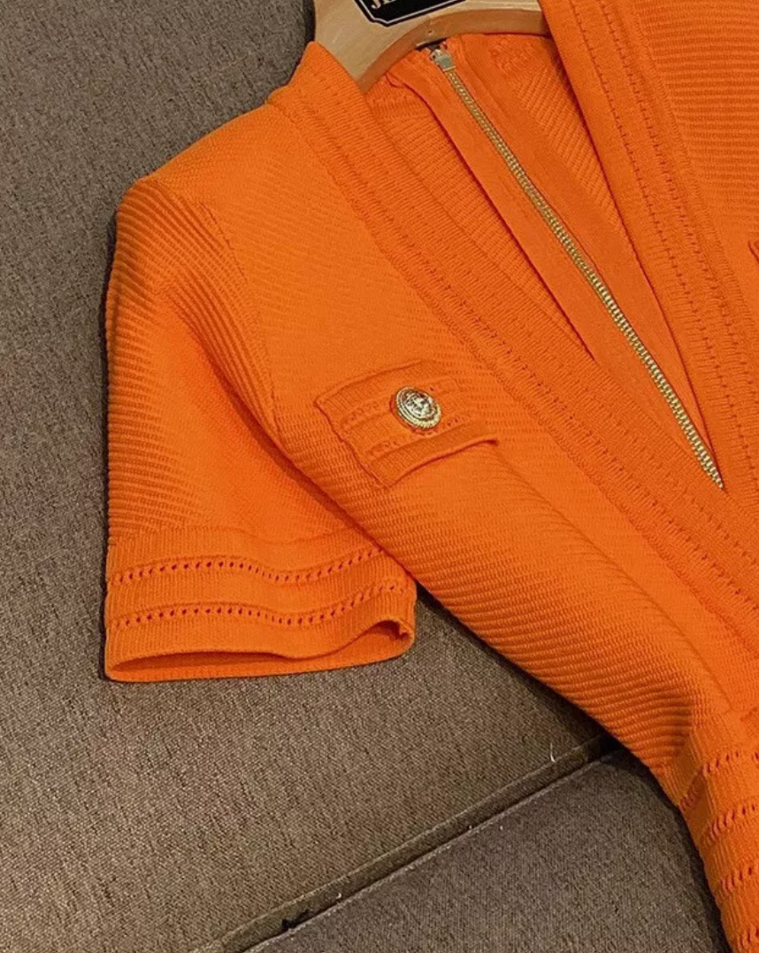 Italia Couture Knit Bandage Bodycon Orange Mini Dress With Gold Buttons Elegant Outfit - İtalia Couture