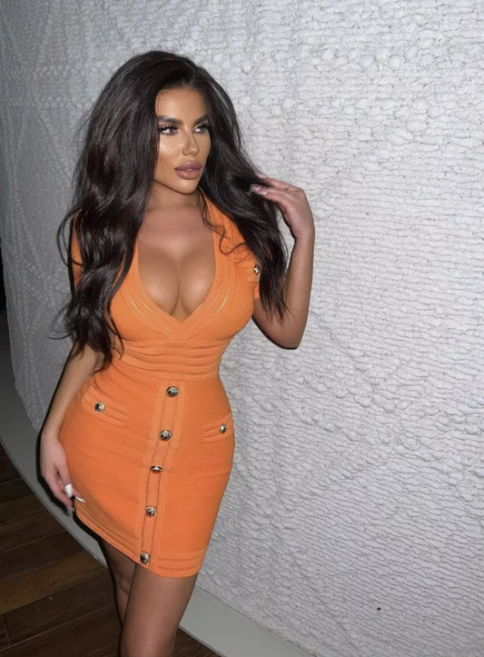 Italia Couture Knit Bandage Bodycon Orange Mini Dress With Gold Buttons Elegant Outfit - İtalia Couture
