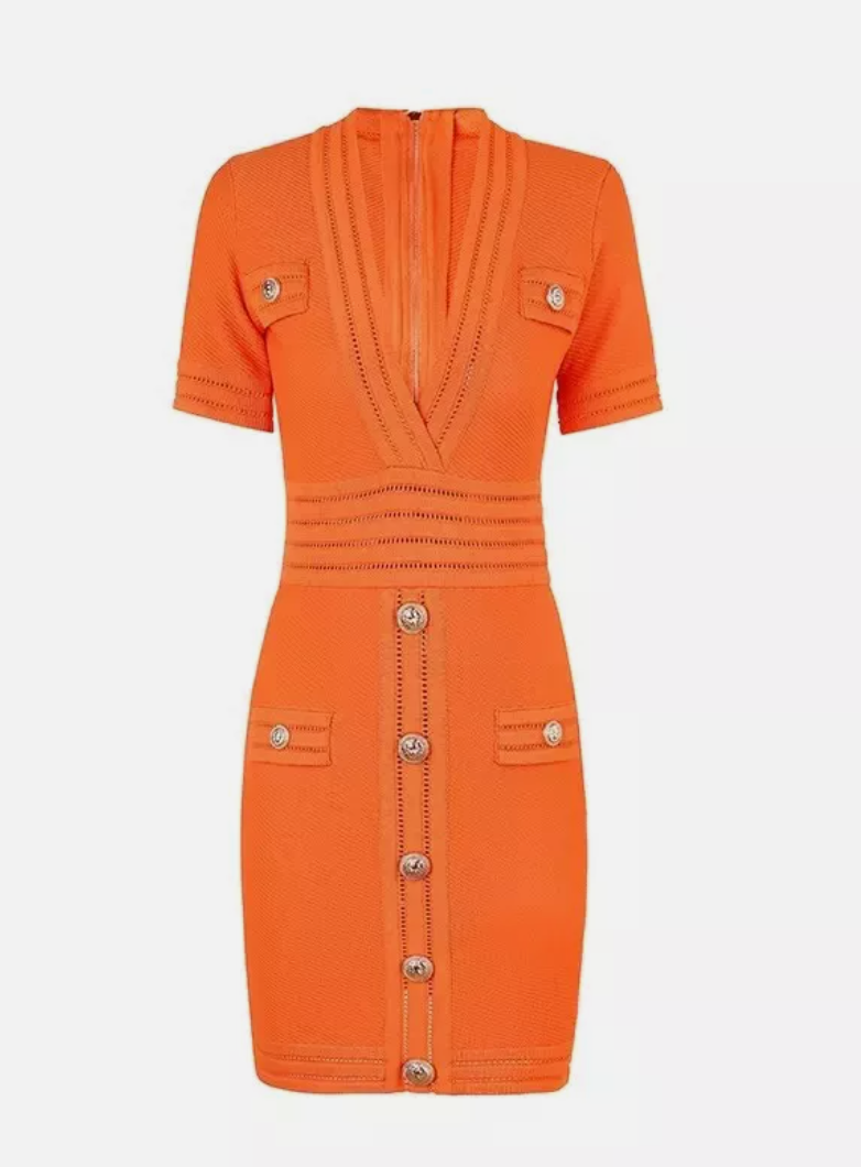 Italia Couture Knit Bandage Bodycon Orange Mini Dress With Gold Buttons Elegant Outfit - İtalia Couture