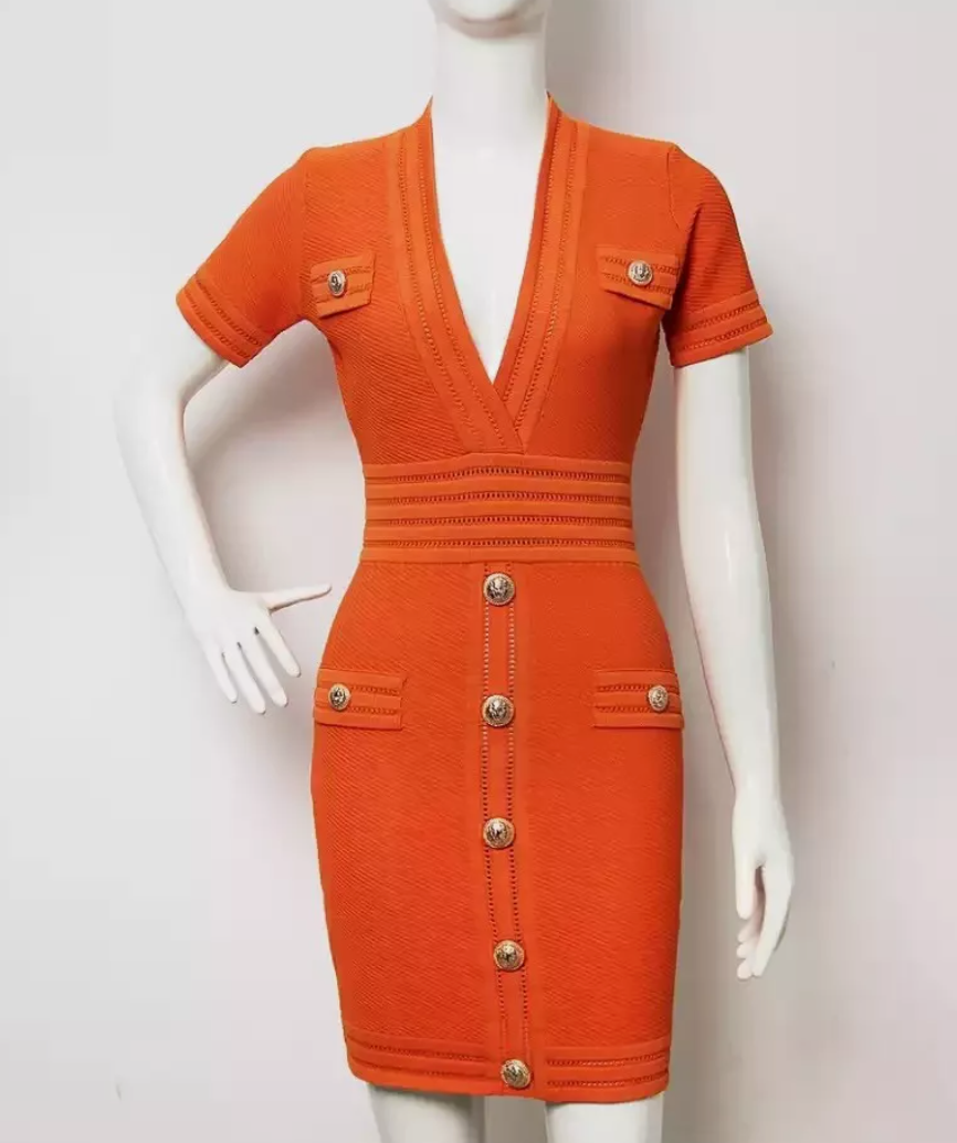 Italia Couture Knit Bandage Bodycon Orange Mini Dress With Gold Buttons Elegant Outfit - İtalia Couture