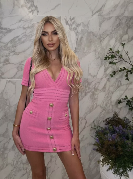 Italia Couture Knit Bandage Bodycon Pink Mini Dress With Gold Buttons - İtalia Couture
