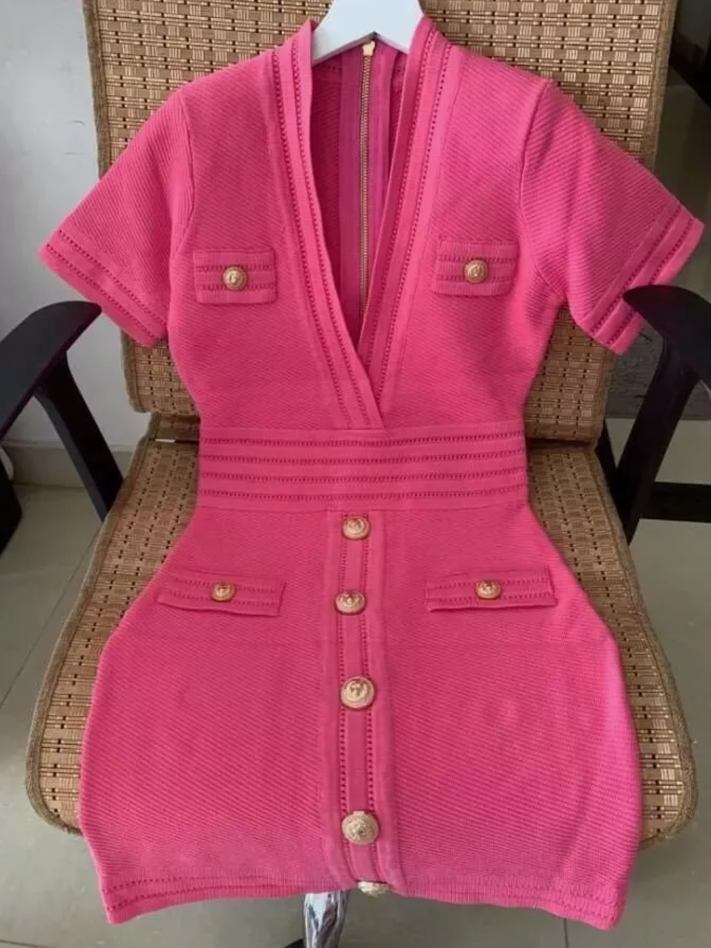 Italia Couture Knit Bandage Bodycon Pink Mini Dress With Gold Buttons - İtalia Couture