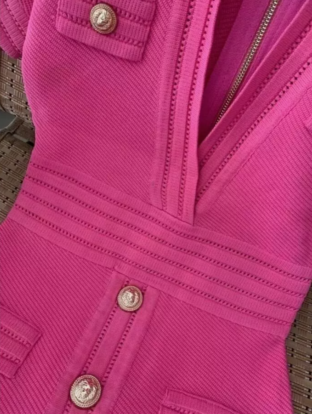 Italia Couture Knit Bandage Bodycon Pink Mini Dress With Gold Buttons - İtalia Couture