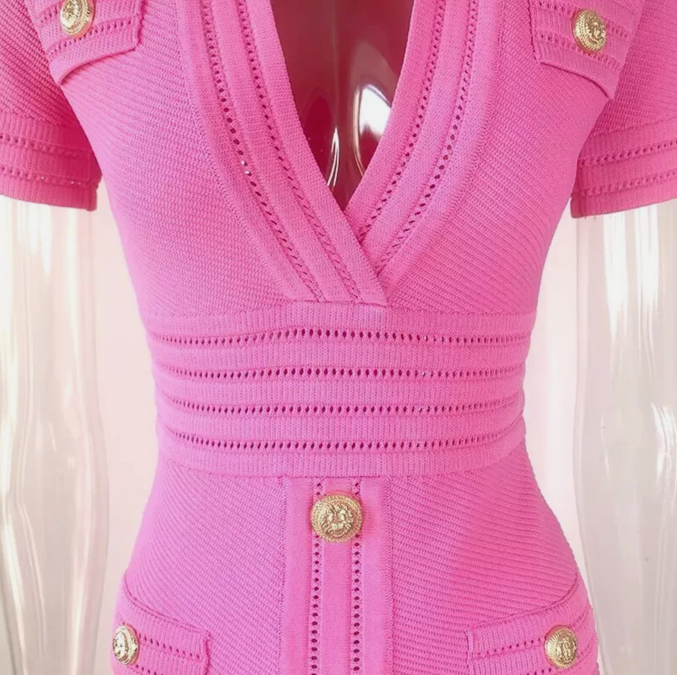 Italia Couture Knit Bandage Bodycon Pink Mini Dress With Gold Buttons - İtalia Couture