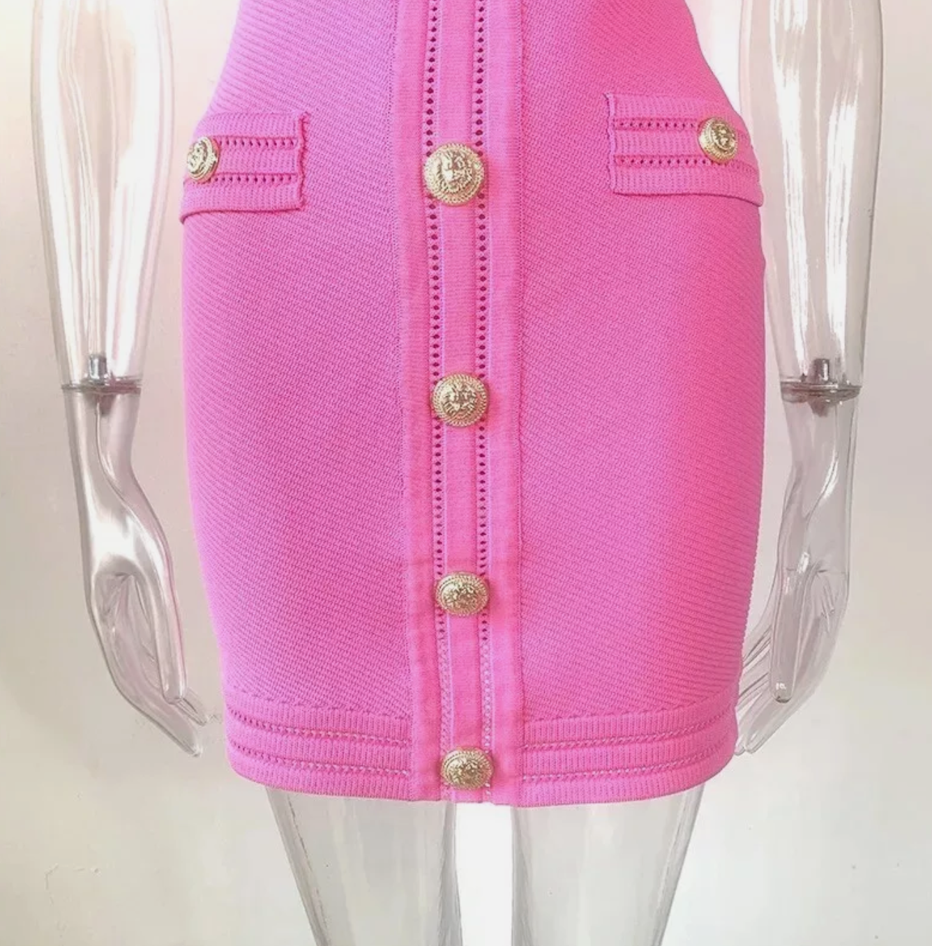 Italia Couture Knit Bandage Bodycon Pink Mini Dress With Gold Buttons - İtalia Couture