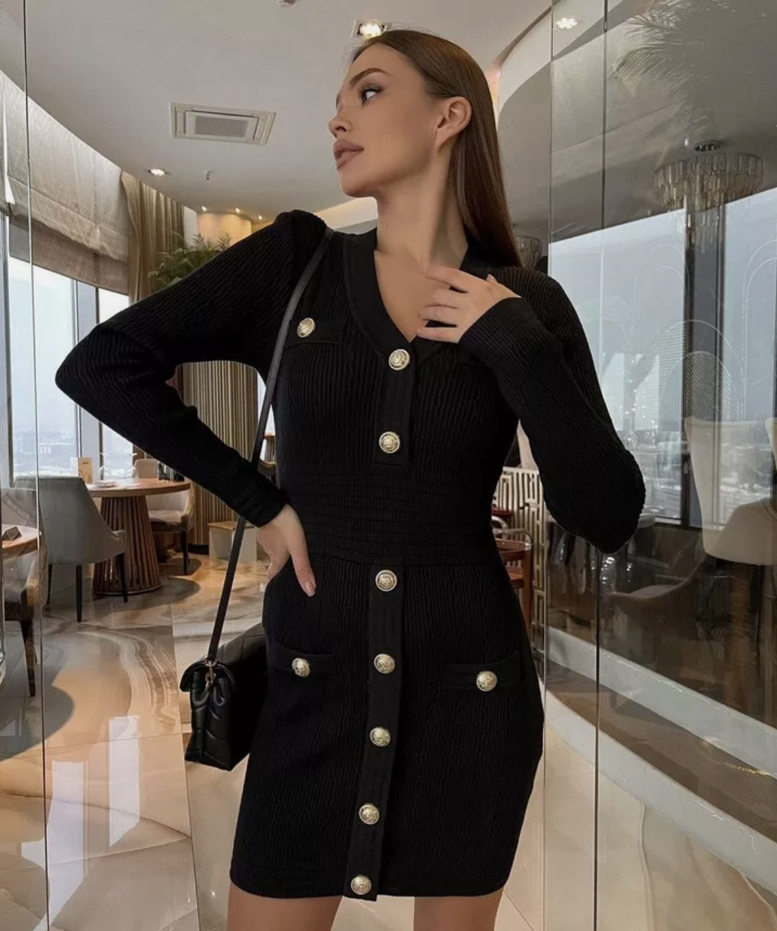 Italia Couture Long Sleeve Knit Bandage Bodycon Black Mini Dress With Gold Buttons - İtalia Couture