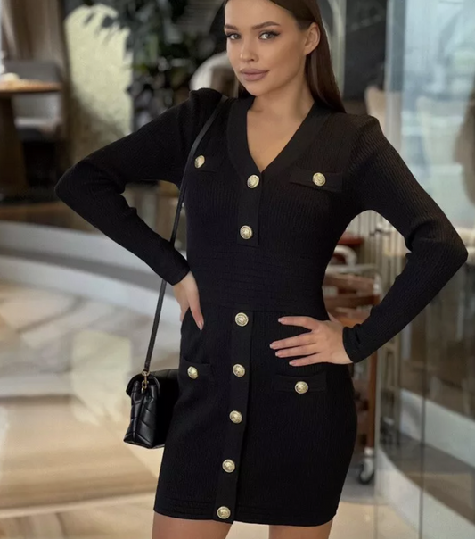 Italia Couture Long Sleeve Knit Bandage Bodycon Black Mini Dress With Gold Buttons - İtalia Couture