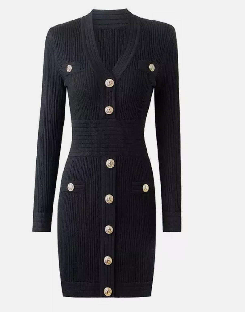Italia Couture Long Sleeve Knit Bandage Bodycon Black Mini Dress With Gold Buttons - İtalia Couture