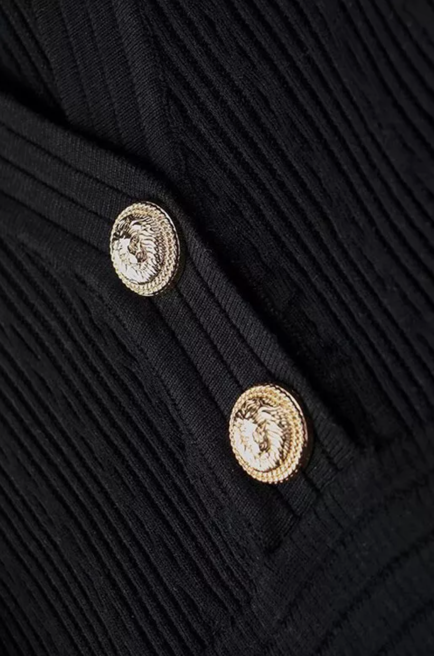 Italia Couture Long Sleeve Knit Bandage Bodycon Black Mini Dress With Gold Buttons - İtalia Couture