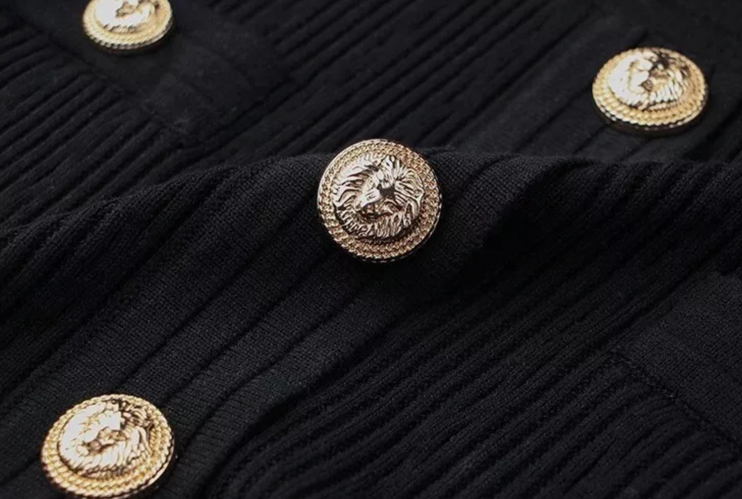 Italia Couture Long Sleeve Knit Bandage Bodycon Black Mini Dress With Gold Buttons - İtalia Couture