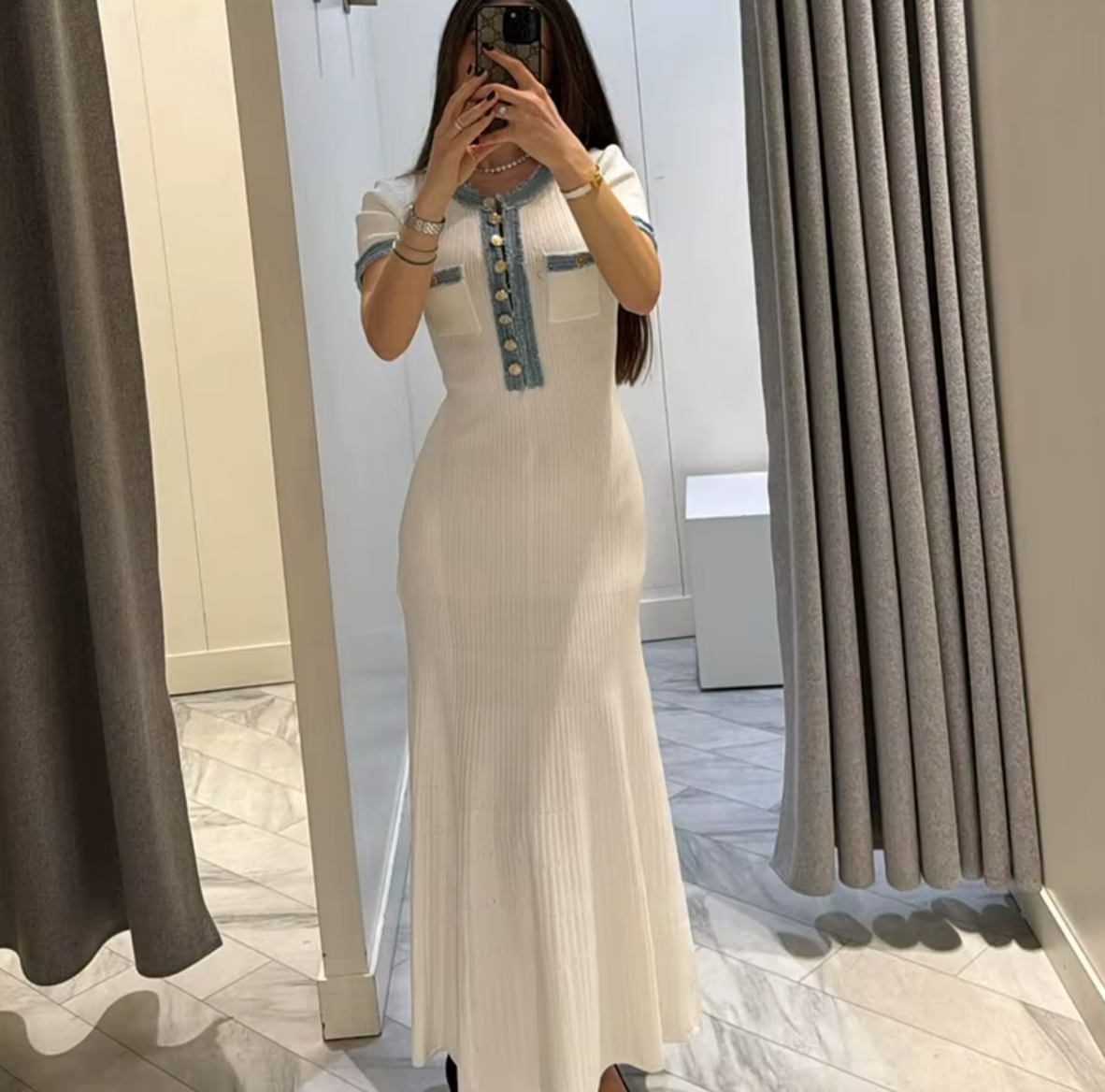 Italia Couture Women Elegant Metal Buttons Spliced Knit Maxi Dress Chic O-neck Short Sleeve A-line Vestidos 2024 Summer Lady Party Fashion Robe - İtalia Couture
