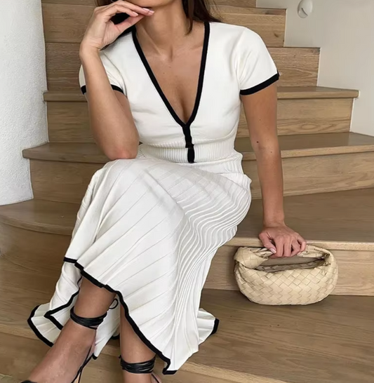 Italia Couture Contrast Piping Knitted Two Piece Skirt and Cropped Cardigan Top - İtalia Couture