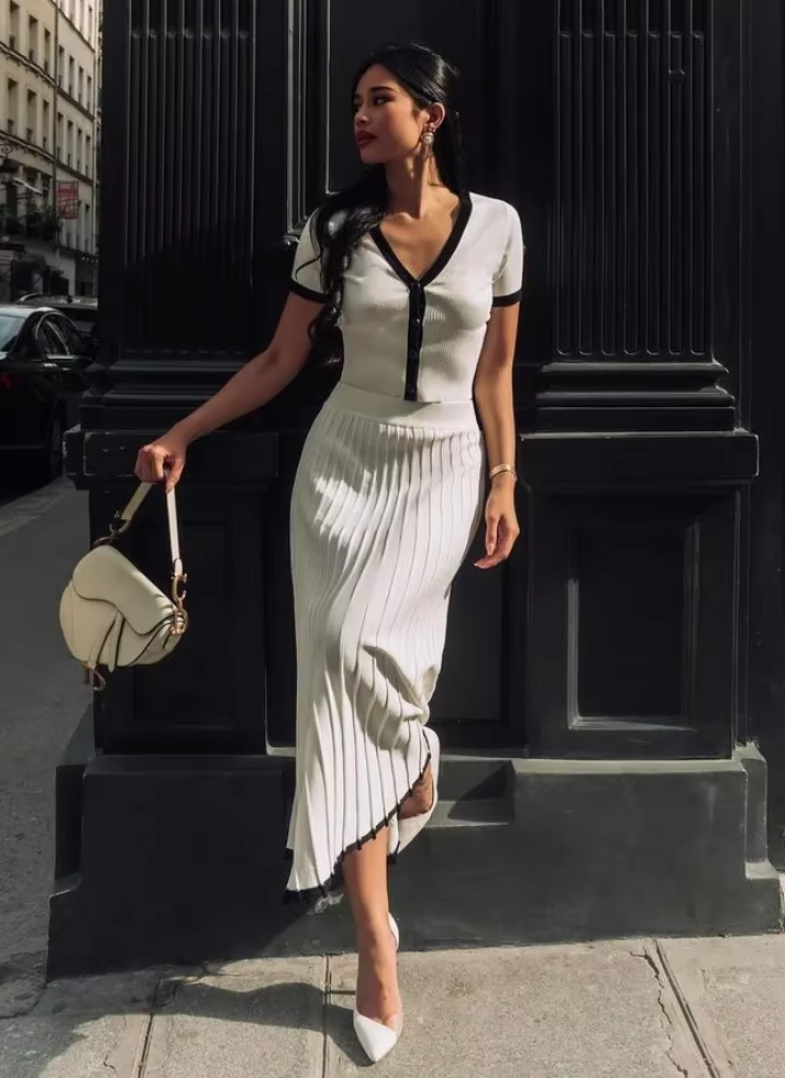 Italia Couture Contrast Piping Knitted Two Piece Skirt and Cropped Cardigan Top - İtalia Couture