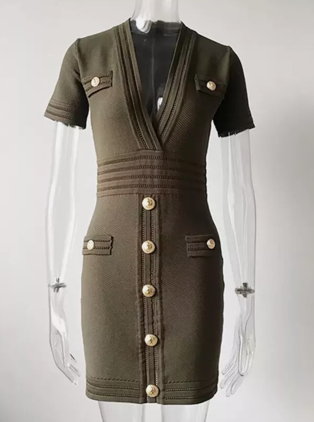 Italia Couture Knit Bandage Bodycon Army Green Mini Dress With Gold Buttons - İtalia Couture