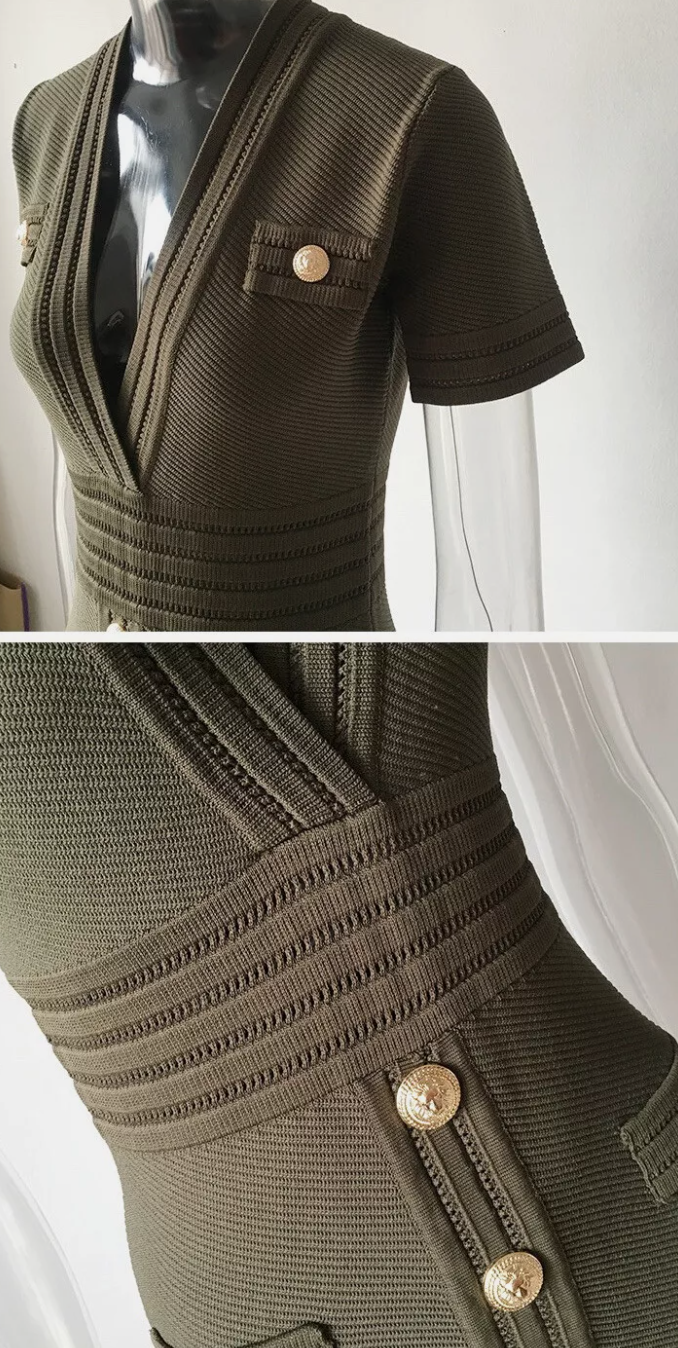 Italia Couture Knit Bandage Bodycon Army Green Mini Dress With Gold Buttons - İtalia Couture
