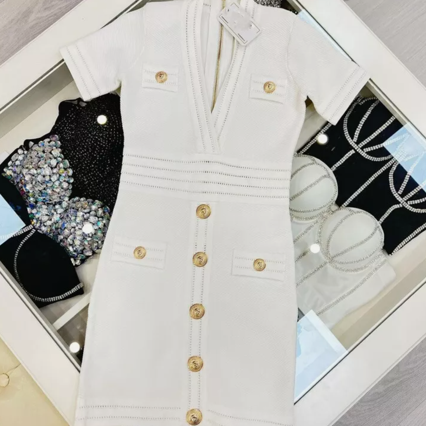 Italia Couture Knit Bandage Bodycon White Mini Dress With Gold Buttons - İtalia Couture