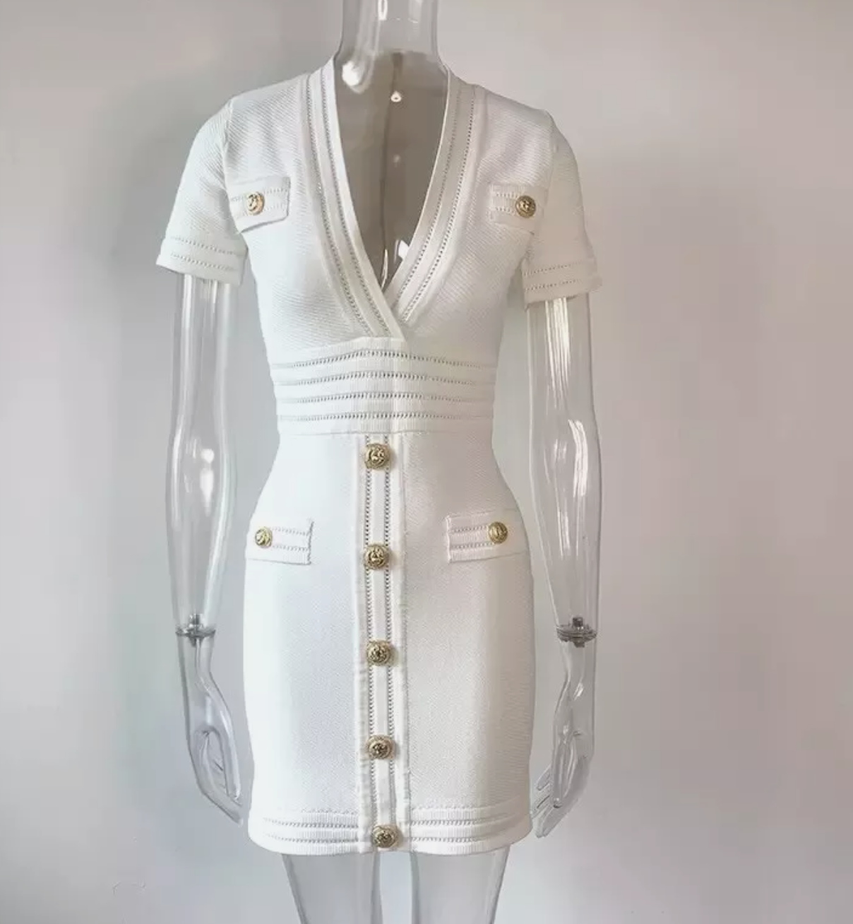 Italia Couture Knit Bandage Bodycon White Mini Dress With Gold Buttons - İtalia Couture