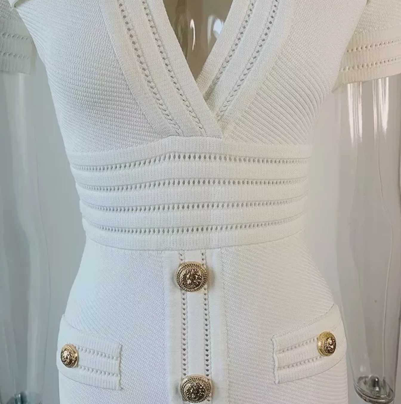 Italia Couture Knit Bandage Bodycon White Mini Dress With Gold Buttons - İtalia Couture