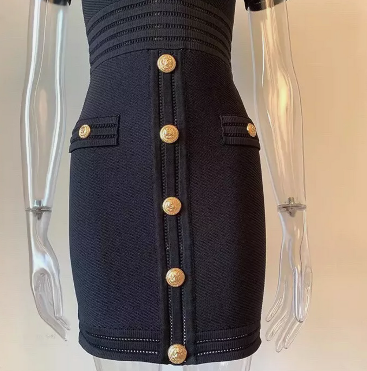 Italia Couture Knit Bandage Bodycon Black Mini Dress With Gold Buttons - İtalia Couture