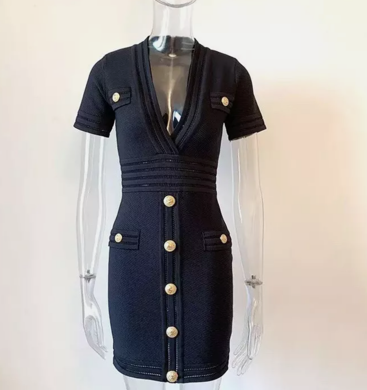 Italia Couture Knit Bandage Bodycon Black Mini Dress With Gold Buttons - İtalia Couture