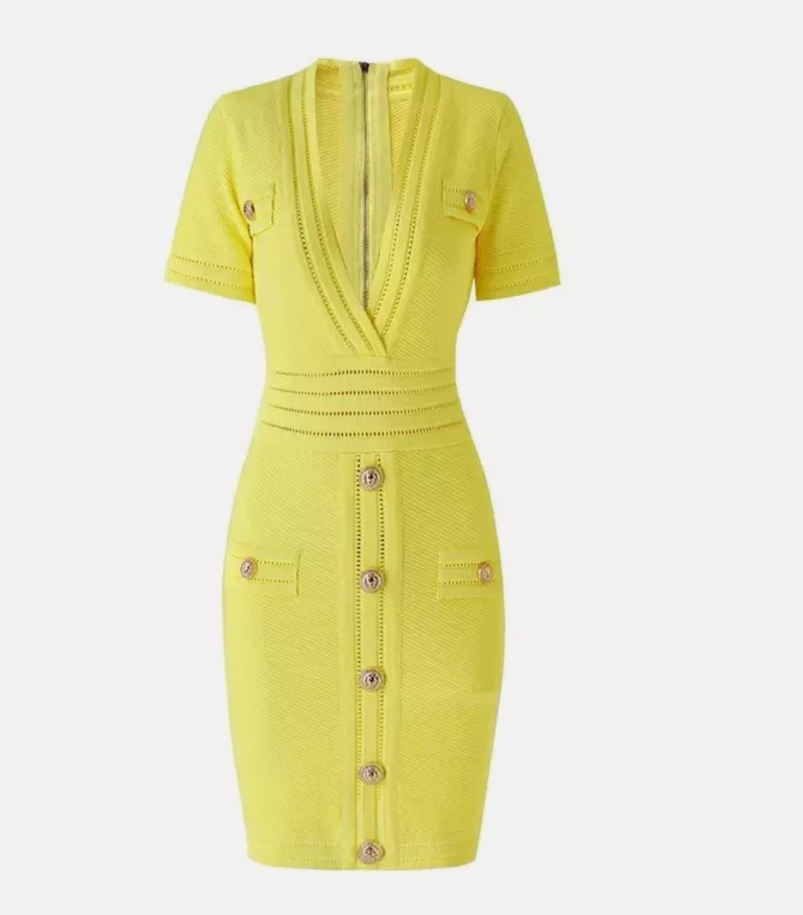 Italia Couture Knit Bandage Bodycon Yellow Mini Dress With Gold Buttons - İtalia Couture
