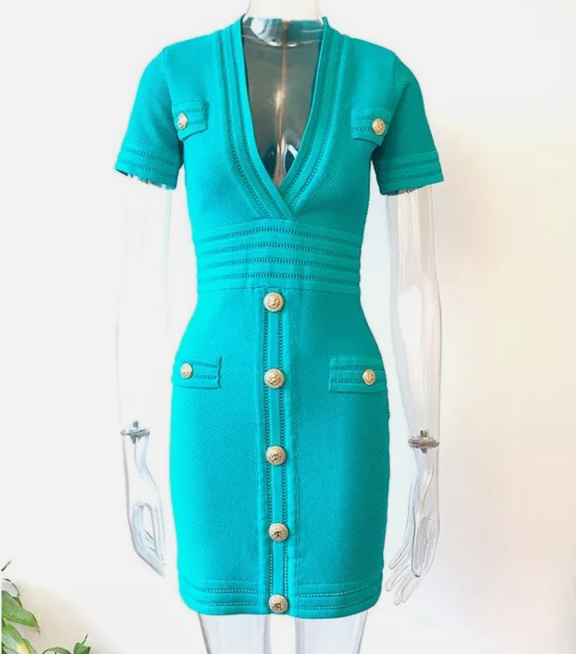 Italia Couture Knit Bandage Bodycon Blue Mini Dress With Gold Buttons Elegant Outfit - İtalia Couture