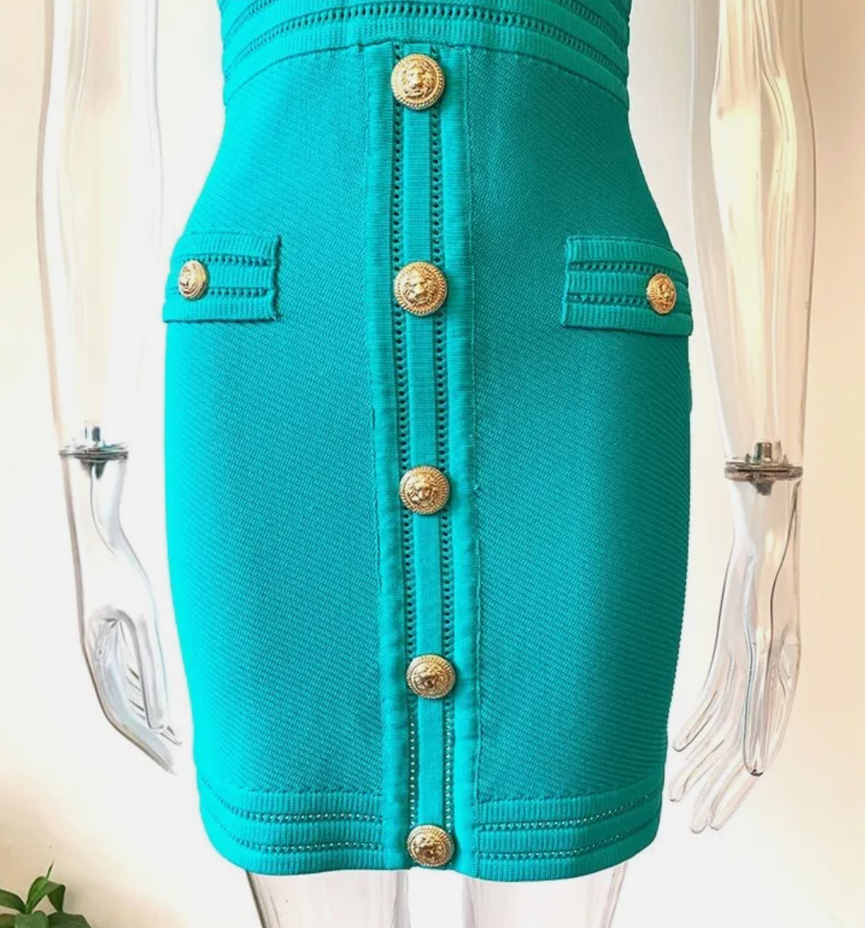 Italia Couture Knit Bandage Bodycon Blue Mini Dress With Gold Buttons Elegant Outfit - İtalia Couture
