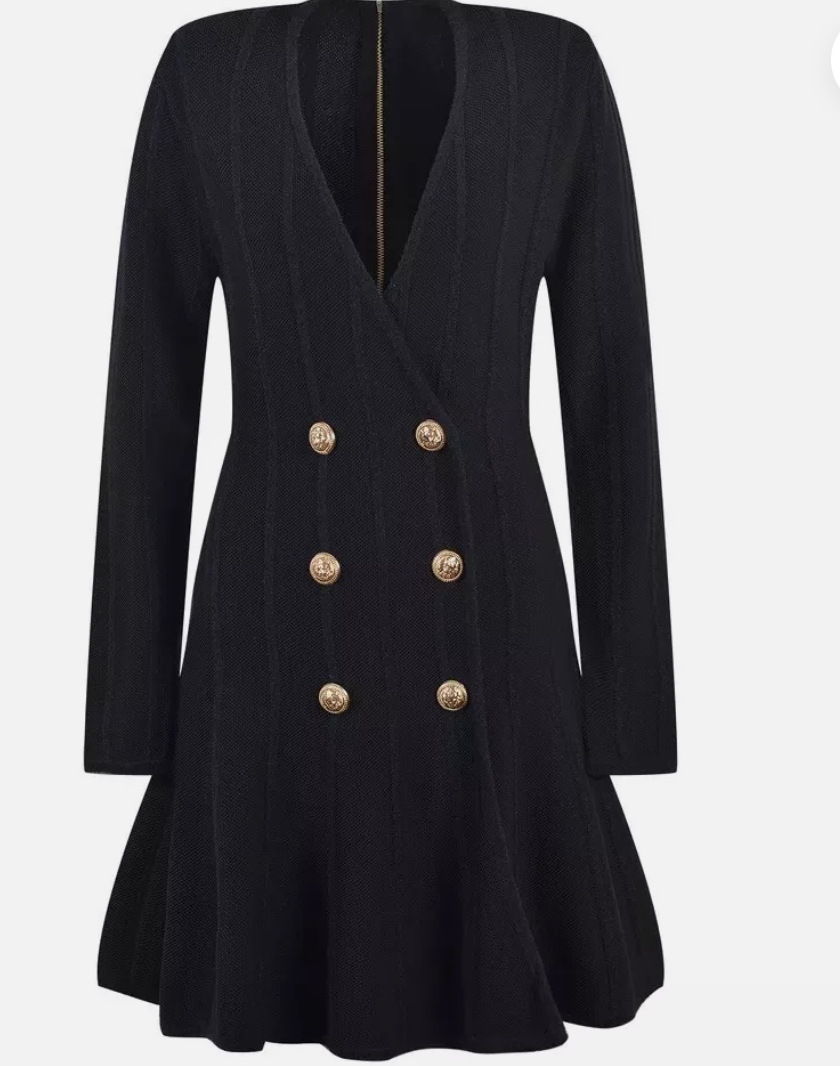 Italia Couture Long Sleeve Knit A Line Bandage Bodycon Black Mini Dress With Gold Buttons - İtalia Couture