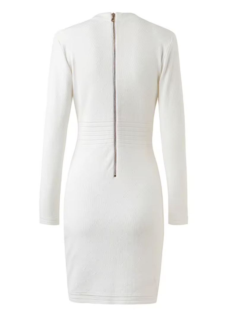 Italia Couture Knit Bodycon White Mini Dress With Gold Buttons - İtalia Couture