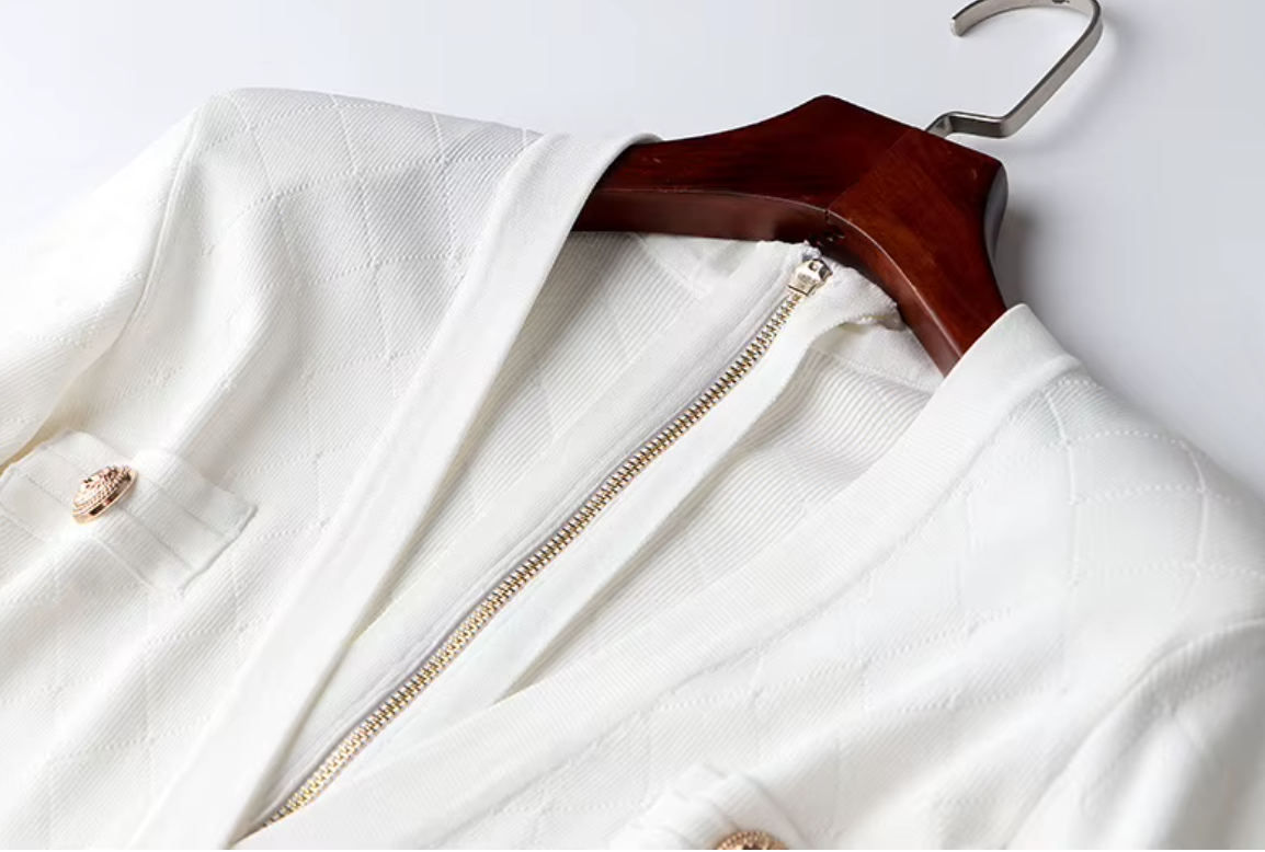 Italia Couture Knit Bodycon White Mini Dress With Gold Buttons - İtalia Couture