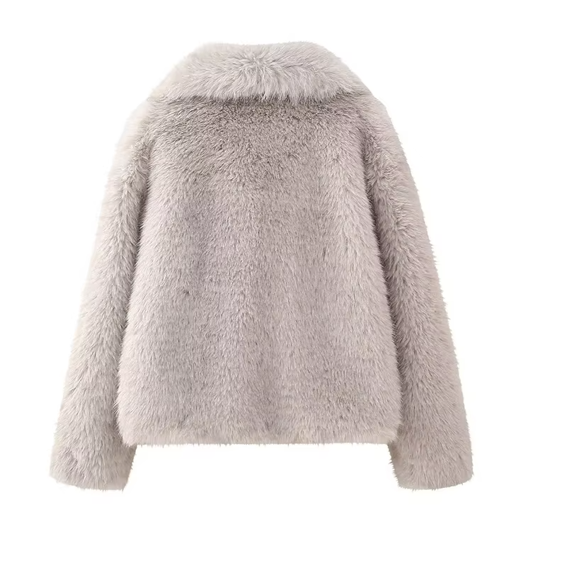 Back Image of Stone Grey Faux Fur Oversized Jacket Coat Seen On influencers Collar coat