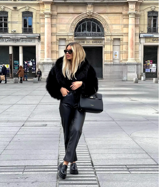 Model wearing the Black Faux Fur Oversized Jacket Coat as Seen On influencers Collar coat