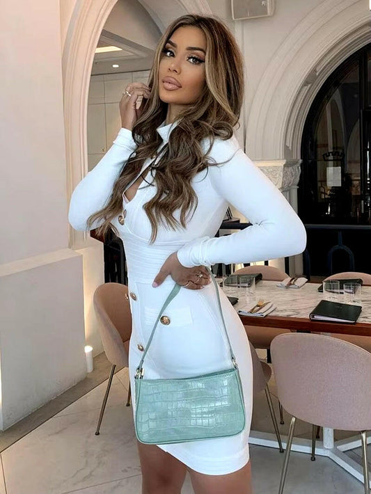 V-Neck Bandage Bodycon Dress - Sexy Long Sleeve Buttoned 