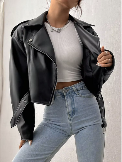 Cropped Faux PU Leather Biker Jacket